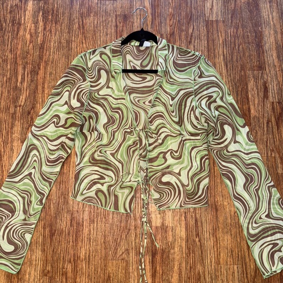 H&M Tops - H&M Crop Top Blouse Long Sleeve Tie Front Green Brown Swirl Mesh L Forest Fairy